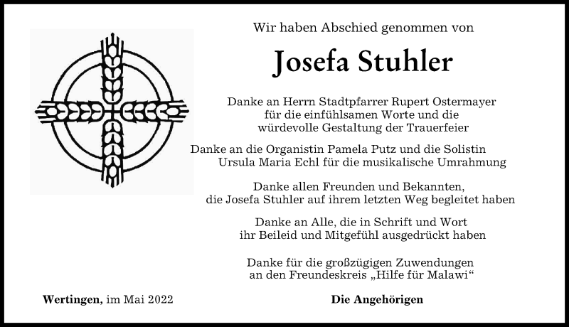 Traueranzeige von Josefa Stuhler von Wertinger Zeitung