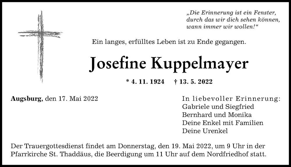 Traueranzeige von Josefine Kuppelmayer von Augsburger Allgemeine