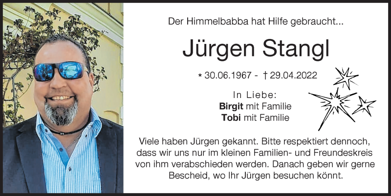  Traueranzeige für Jürgen Stangl vom 04.05.2022 aus Augsburger Allgemeine
