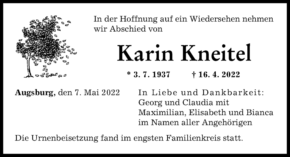 Traueranzeige von Karin Kneitel von Augsburger Allgemeine