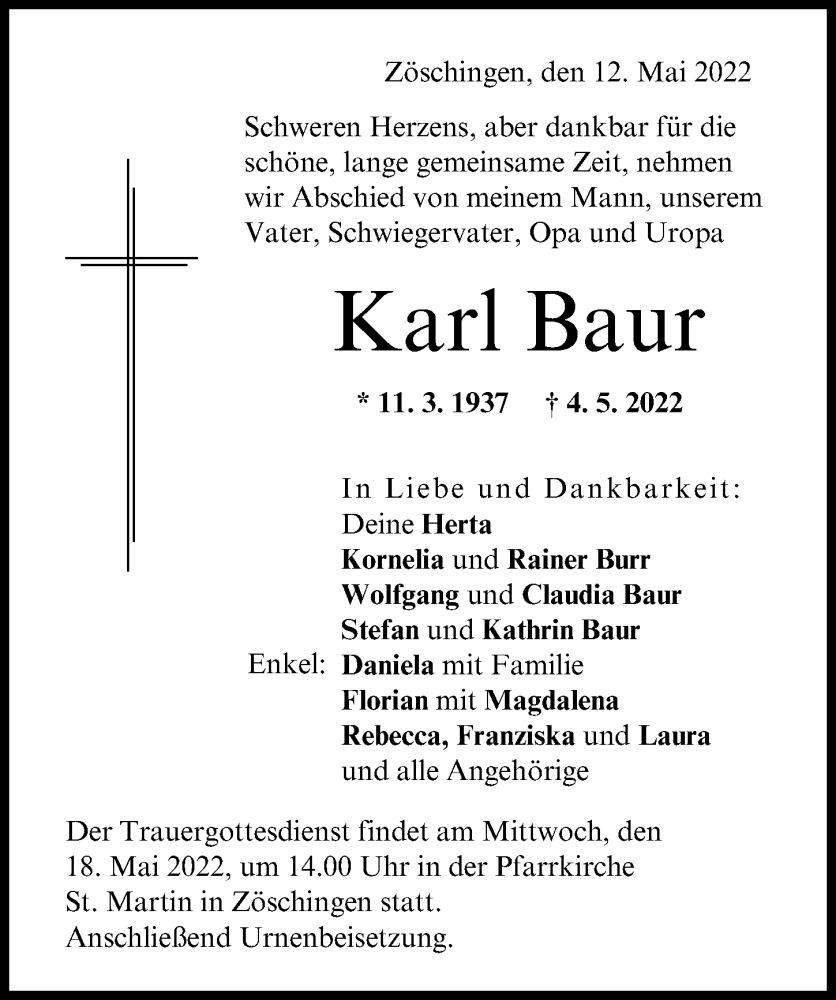 Traueranzeige von Karl Baur von Donau Zeitung