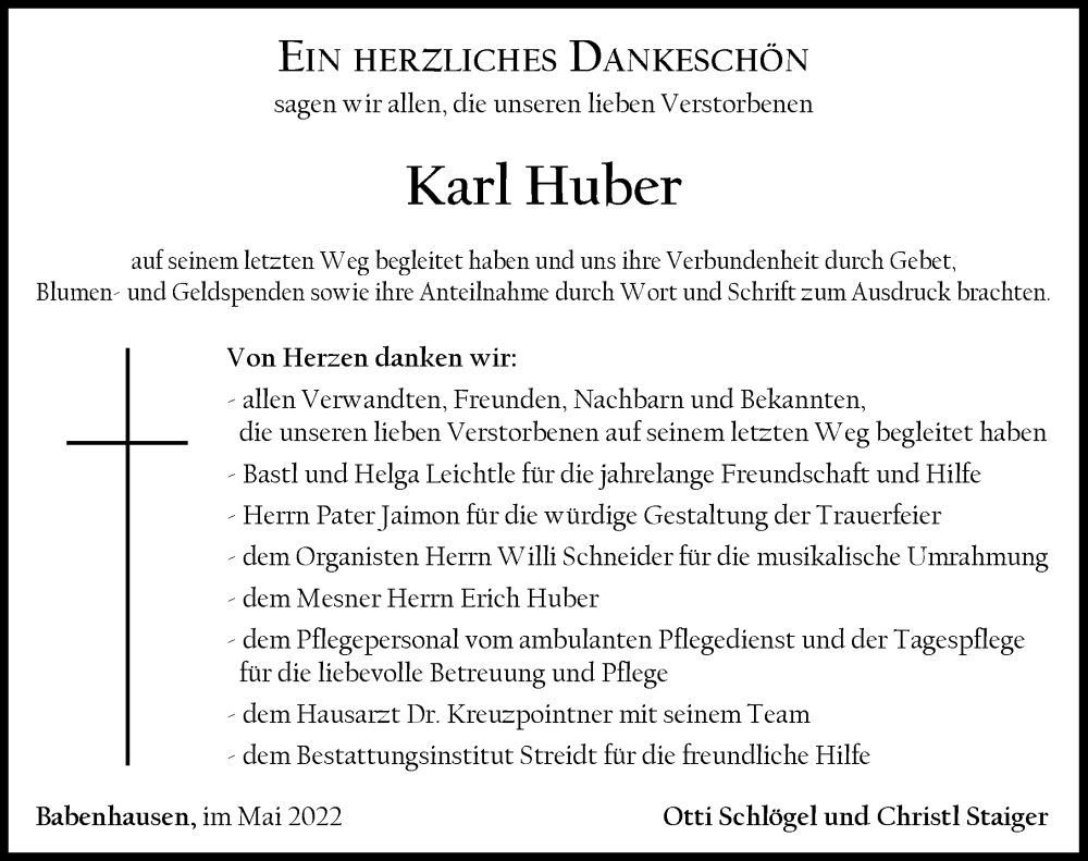  Traueranzeige für Karl Huber vom 07.05.2022 aus Illertisser Zeitung