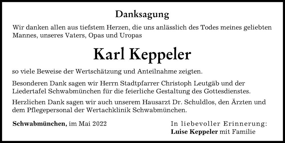 Traueranzeige von Karl Keppeler von Schwabmünchner Allgemeine