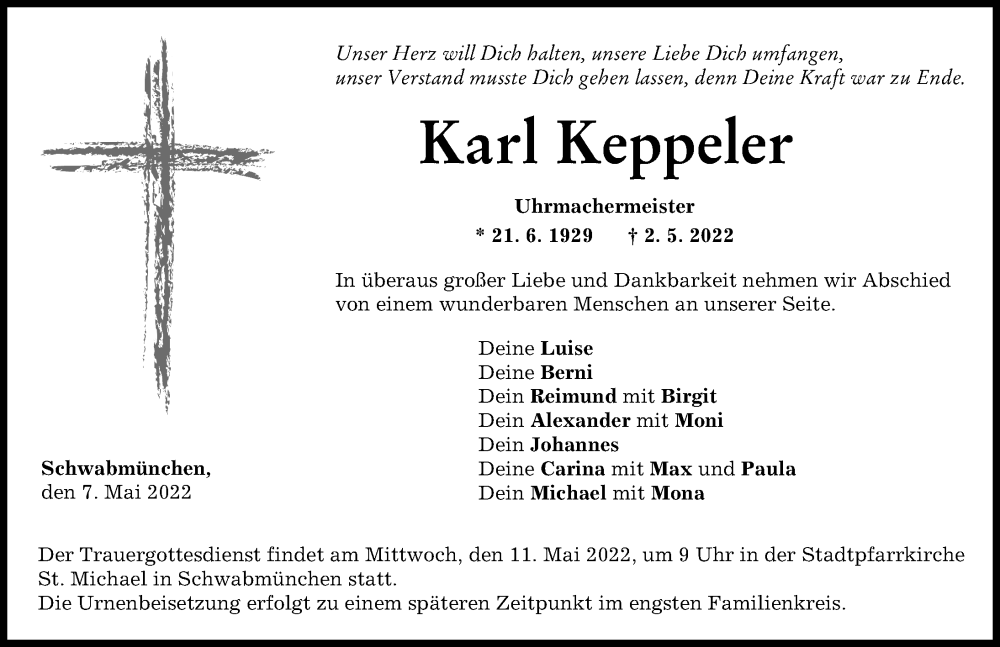 Traueranzeige von Karl Keppeler von Schwabmünchner Allgemeine