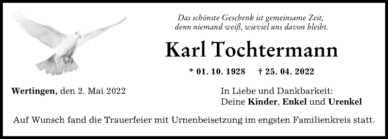  Traueranzeige für Karl Tochtermann vom 02.05.2022 aus Wertinger Zeitung