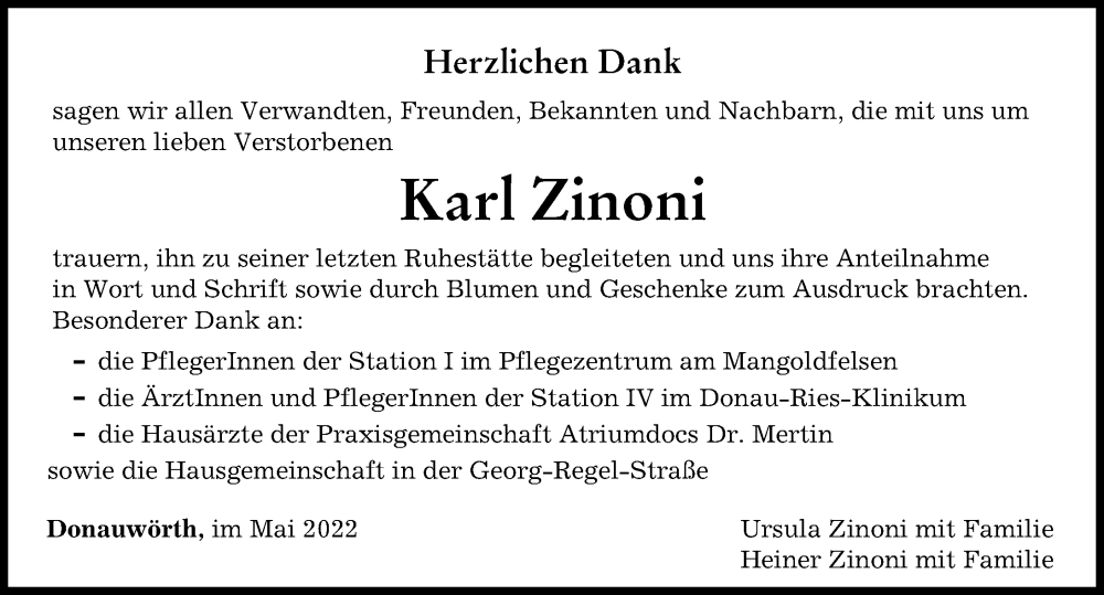 Traueranzeige von Karl Zinoni von Donauwörther Zeitung