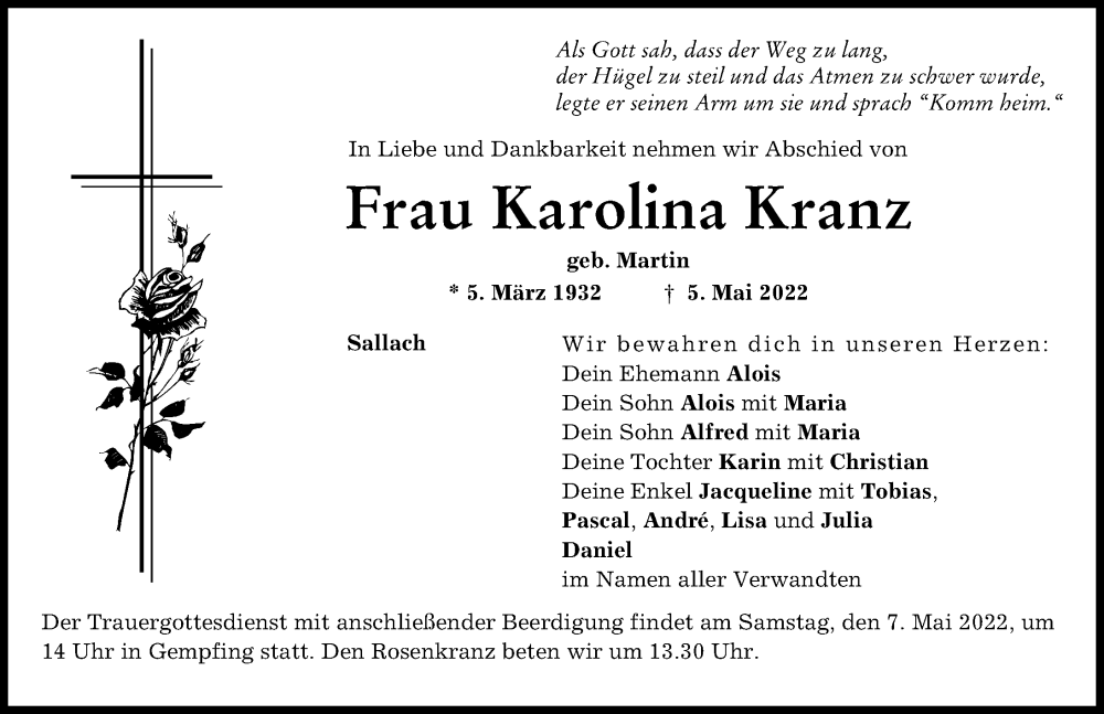 Traueranzeige von Karolina Kranz von Neuburger Rundschau, Donauwörther Zeitung