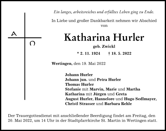 Traueranzeige von Katharina Hurler von Wertinger Zeitung