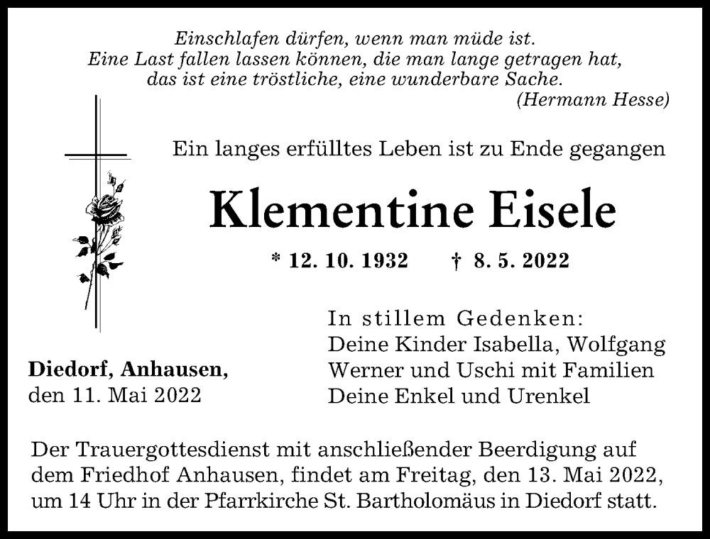 Traueranzeige von Klementine Eisele von Augsburger Allgemeine