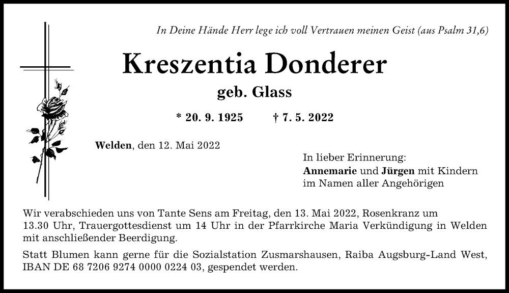 Traueranzeige von Kreszentia Donderer von Augsburg-Land