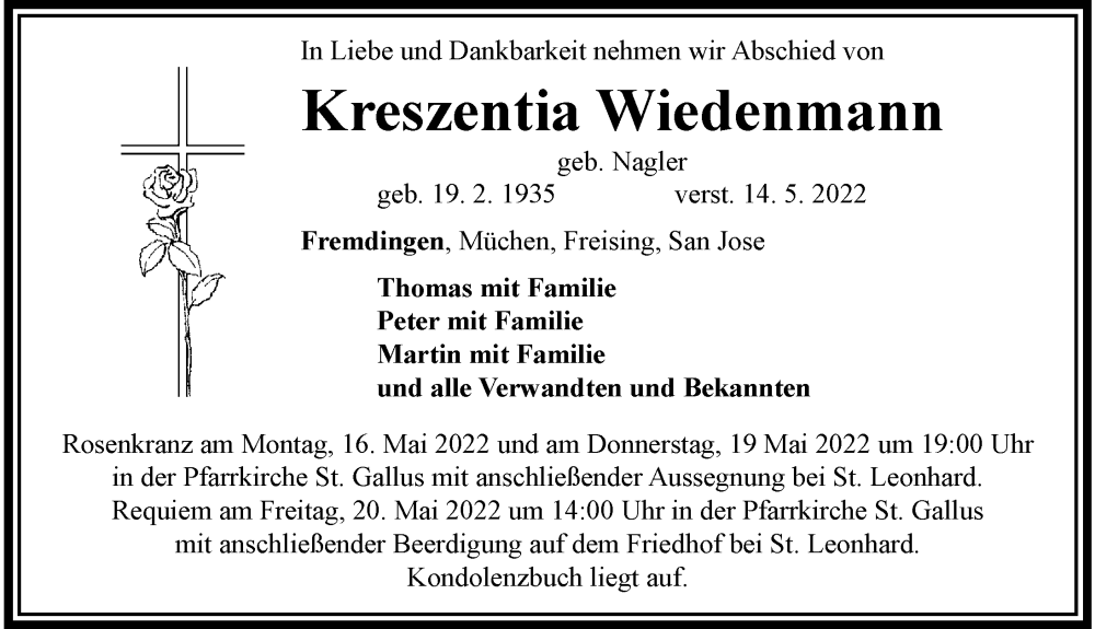  Traueranzeige für Kreszentia Wiedenmann vom 16.05.2022 aus Rieser Nachrichten