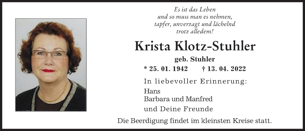 Traueranzeige von Krista Klotz-Stuhler von Augsburger Allgemeine