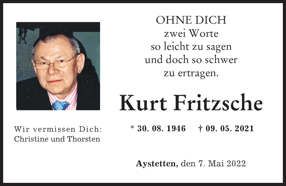 Traueranzeige von Kurt Fritzsche von Augsburger Allgemeine