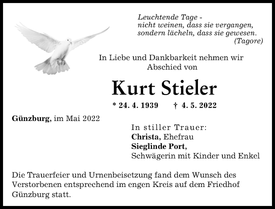 Traueranzeige von Kurt Stieler von Günzburger Zeitung
