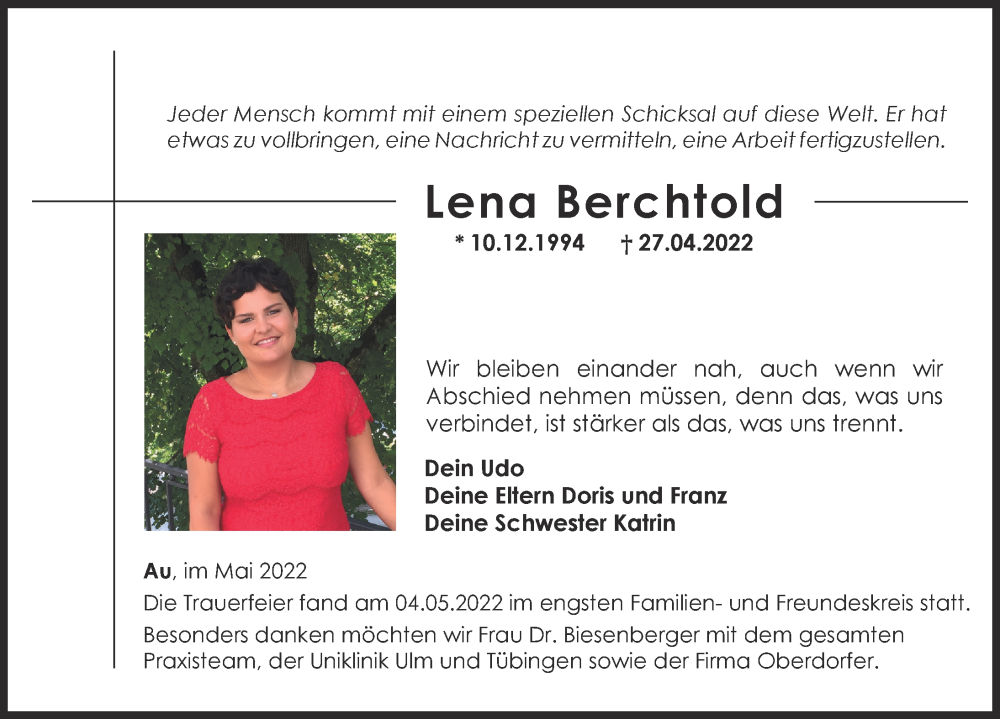  Traueranzeige für Lena Berchtold vom 05.05.2022 aus Illertisser Zeitung