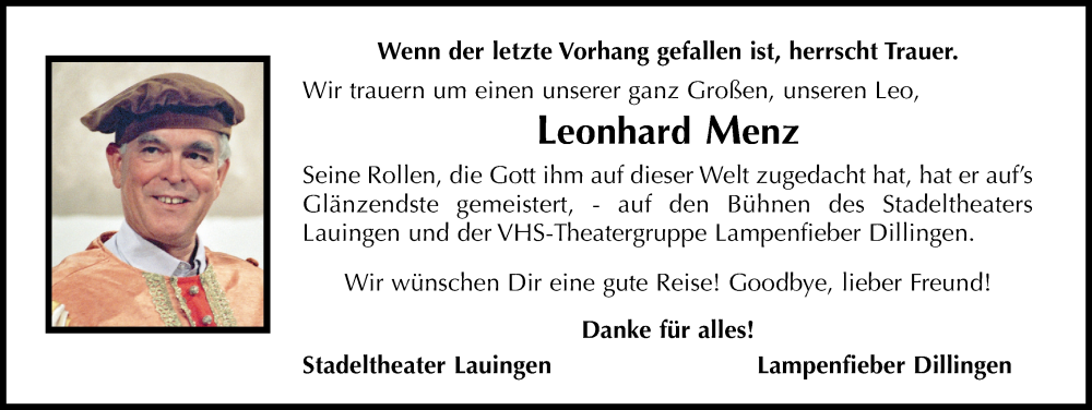 Traueranzeige von Leonhard Menz von Donau Zeitung
