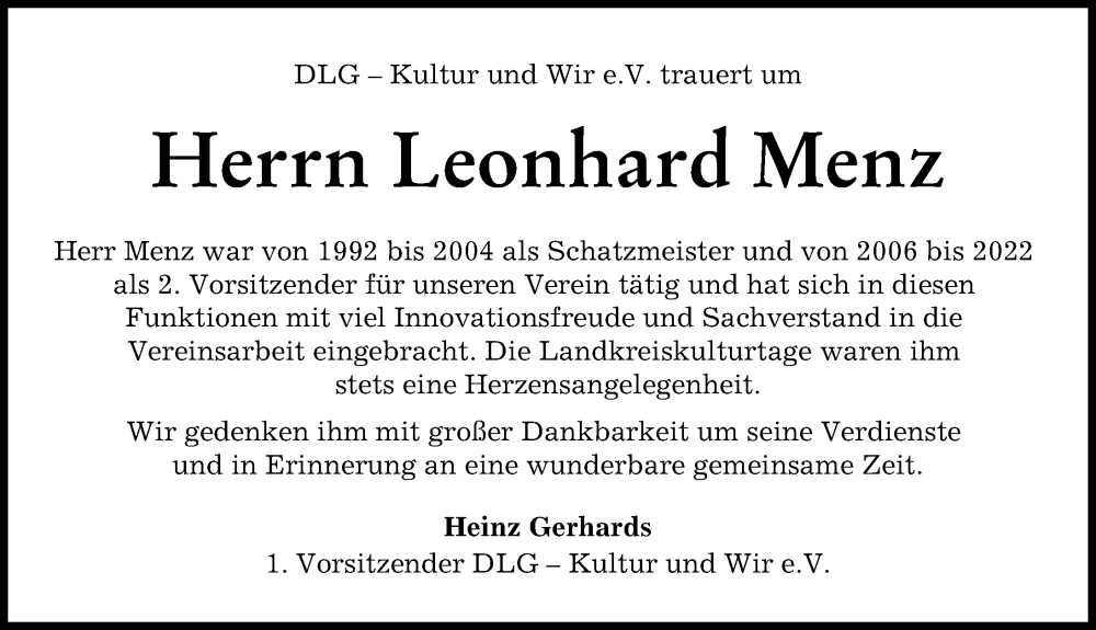 Traueranzeige von Leonhard Menz von Wertinger Zeitung, Donau Zeitung