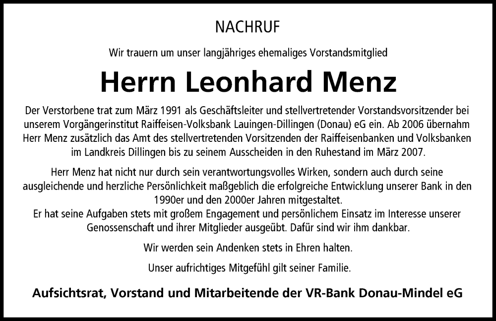 Traueranzeige von Leonhard Menz von Wertinger Zeitung, Donau Zeitung