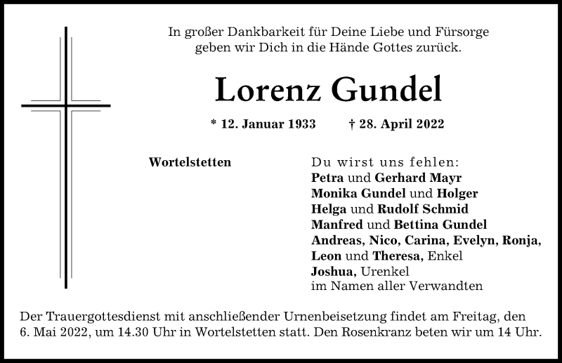 Traueranzeige von Lorenz Gundel von Wertinger Zeitung, Augsburg-Land