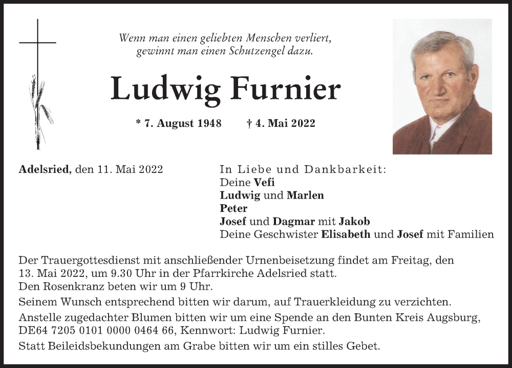  Traueranzeige für Ludwig Furnier vom 11.05.2022 aus Augsburg-Land