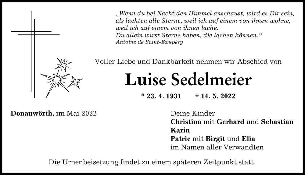 Traueranzeige von Luise Sedelmeier von Donauwörther Zeitung