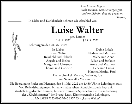 Traueranzeige von Luise Walter von Rieser Nachrichten