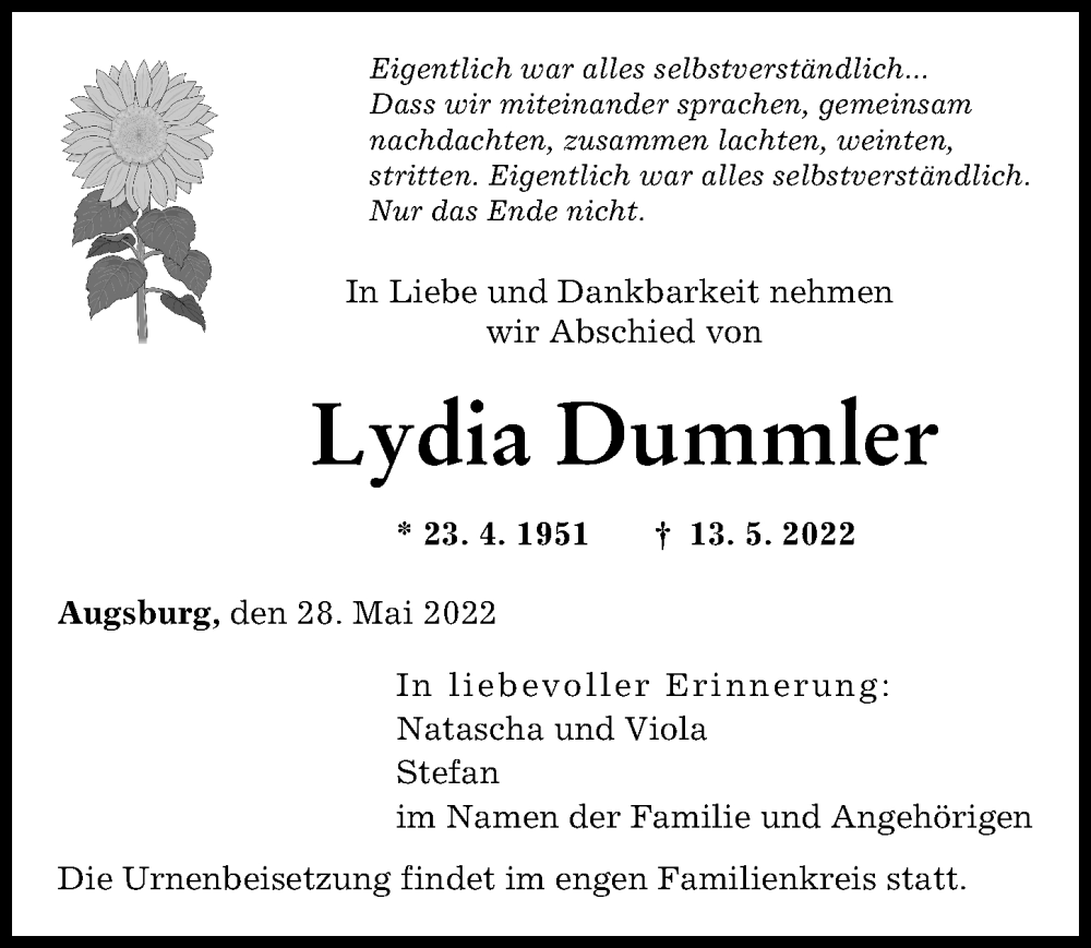 Traueranzeige von Lydia Dummler von Augsburger Allgemeine