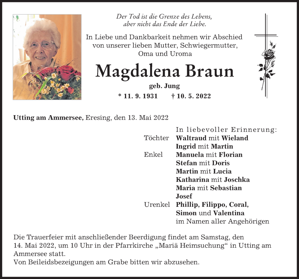  Traueranzeige für Magdalena Braun vom 13.05.2022 aus Landsberger Tagblatt