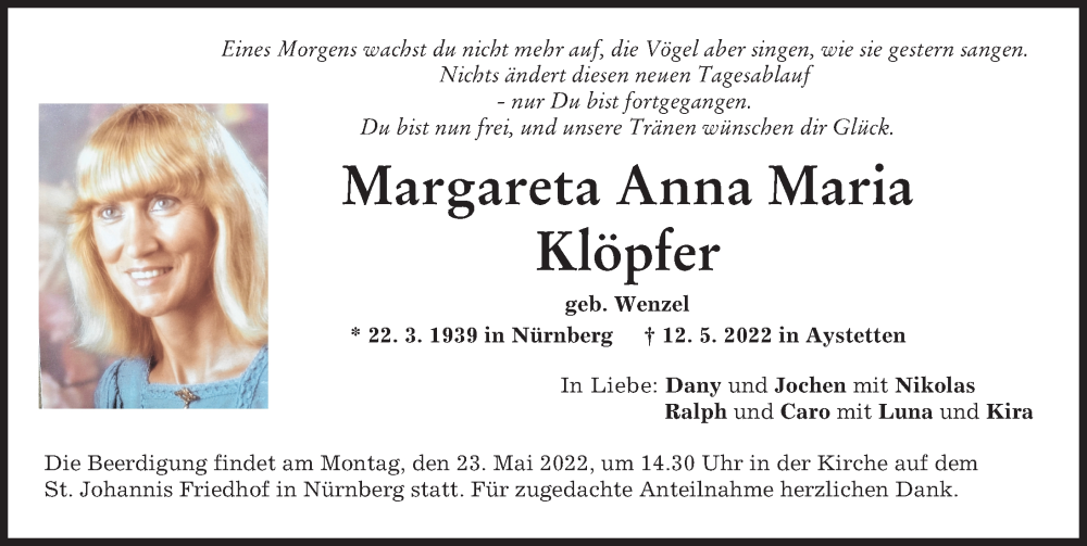 Traueranzeige von Margareta Anna Maria Klöpfer von Augsburger Allgemeine