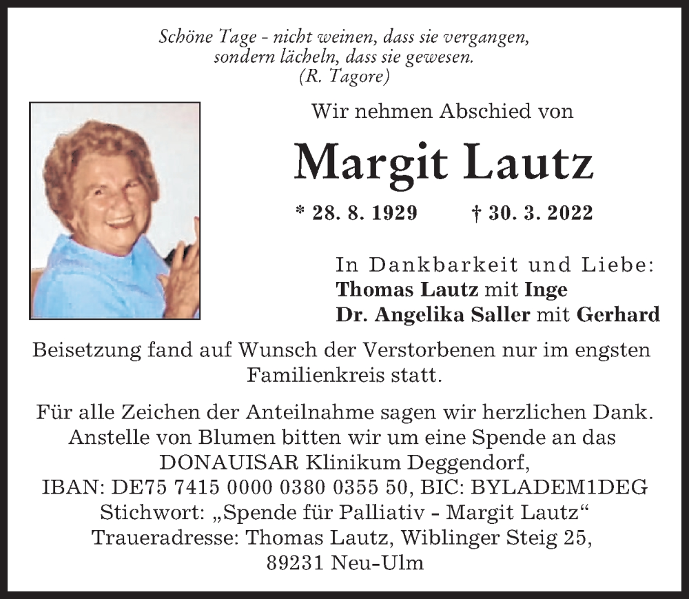 Traueranzeige von Margit Lautz von Augsburger Allgemeine, Neu-Ulmer Zeitung