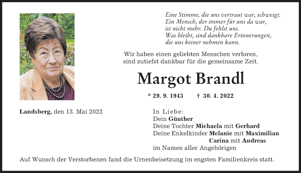  Traueranzeige für Margot Brandl vom 13.05.2022 aus Landsberger Tagblatt