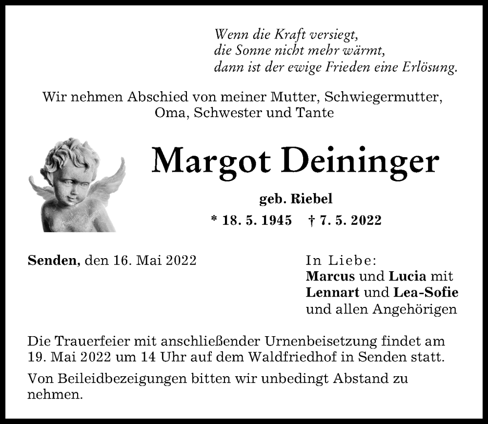 Traueranzeige von Margot Deininger von Neu-Ulmer Zeitung