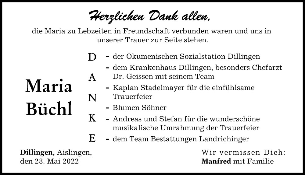  Traueranzeige für Maria Büchl vom 28.05.2022 aus Donau Zeitung