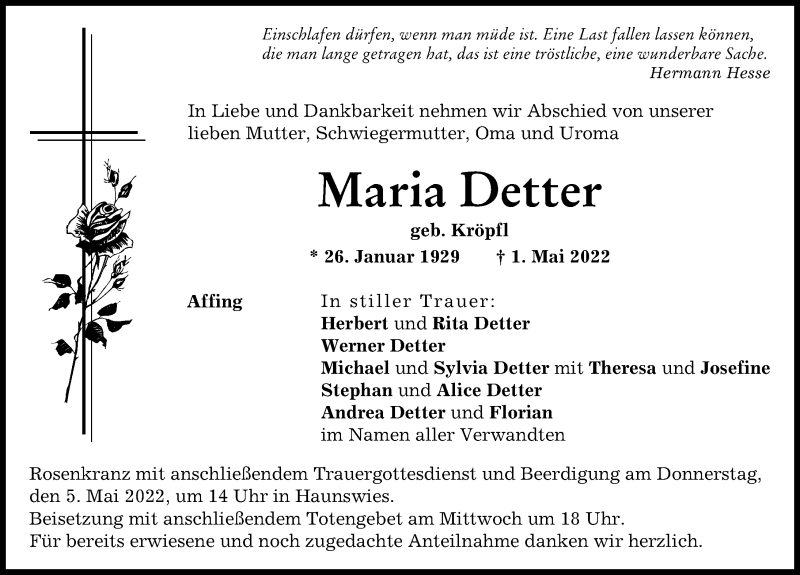  Traueranzeige für Maria Detter vom 03.05.2022 aus Aichacher Nachrichten
