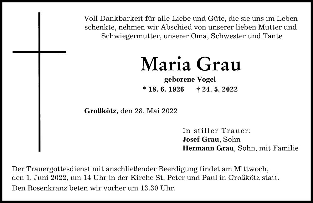 Traueranzeige von Maria Grau von Günzburger Zeitung