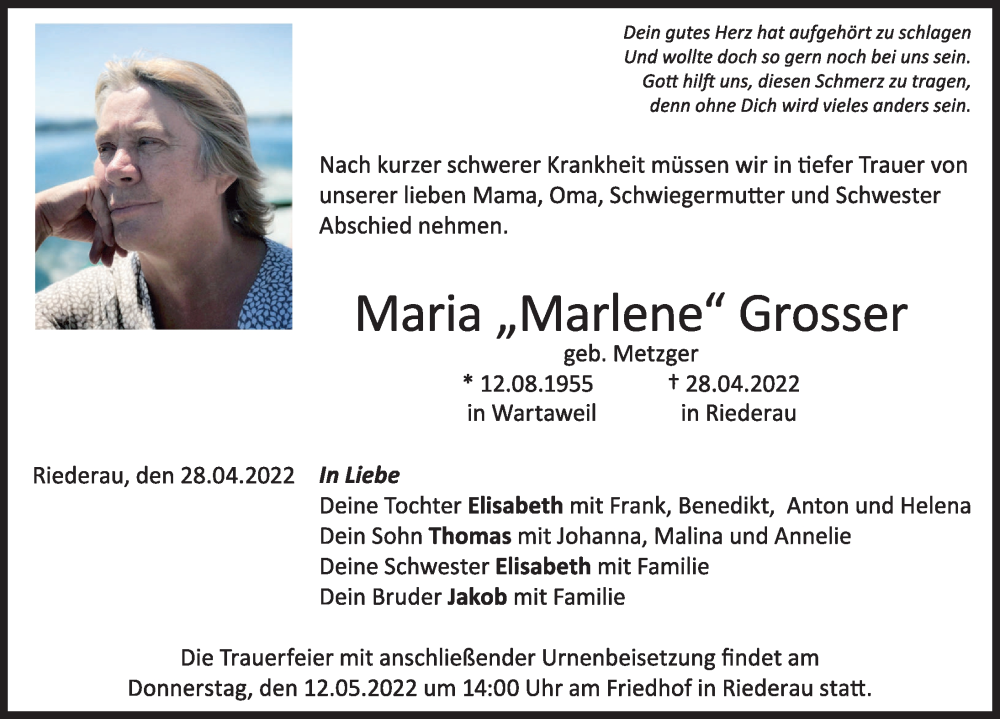 Traueranzeige von Maria  Grosser von Ammersee Kurier