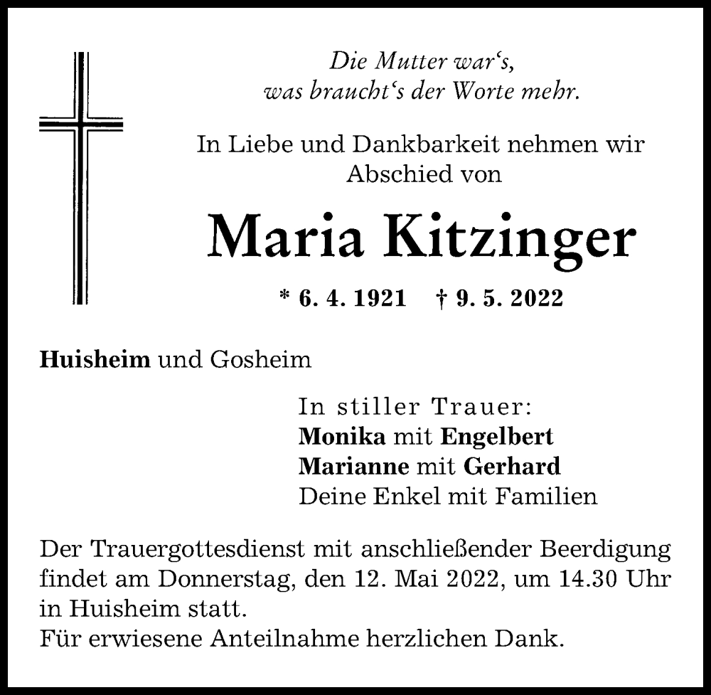 Traueranzeige von Maria Kitzinger von Donauwörther Zeitung