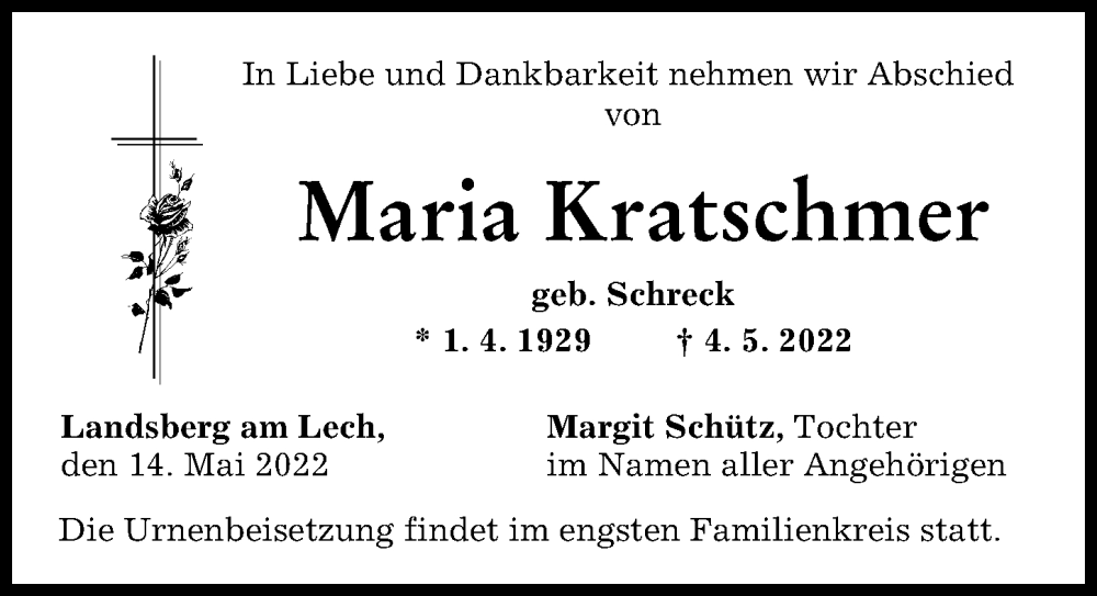 Traueranzeige von Maria Kratschmer von Landsberger Tagblatt