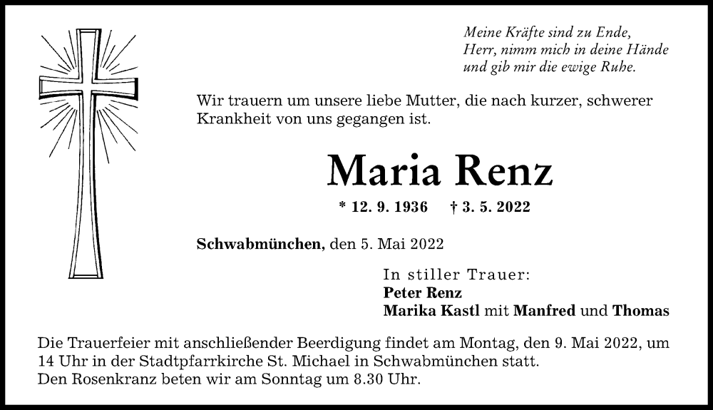 Traueranzeige von Maria Renz von Schwabmünchner Allgemeine