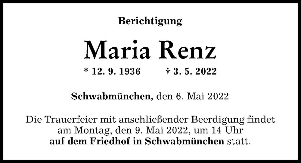 Traueranzeige von Maria Renz von Schwabmünchner Allgemeine