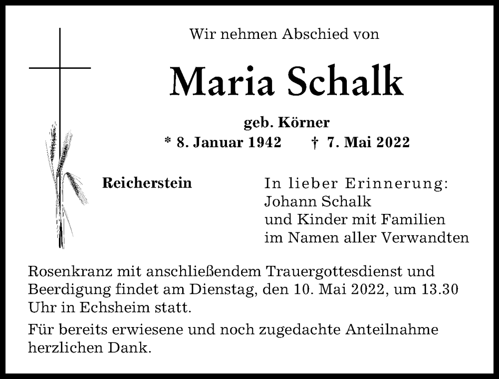 Traueranzeige von Maria Schalk von Donauwörther Zeitung