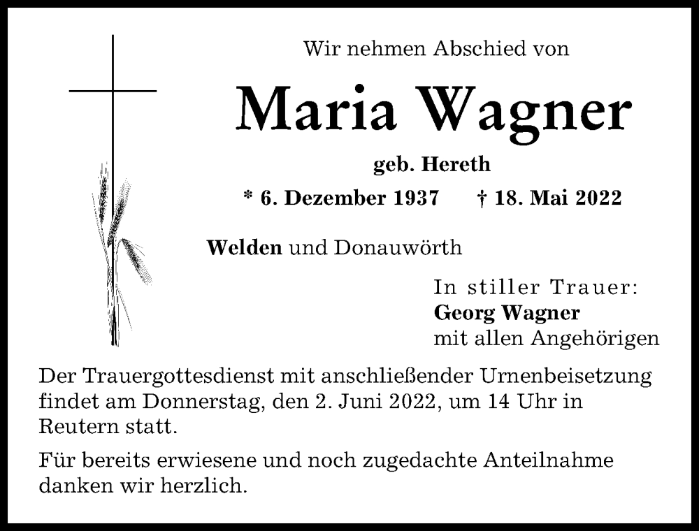 Traueranzeige von Maria Wagner von Donauwörther Zeitung, Wertinger Zeitung, Augsburg-Land