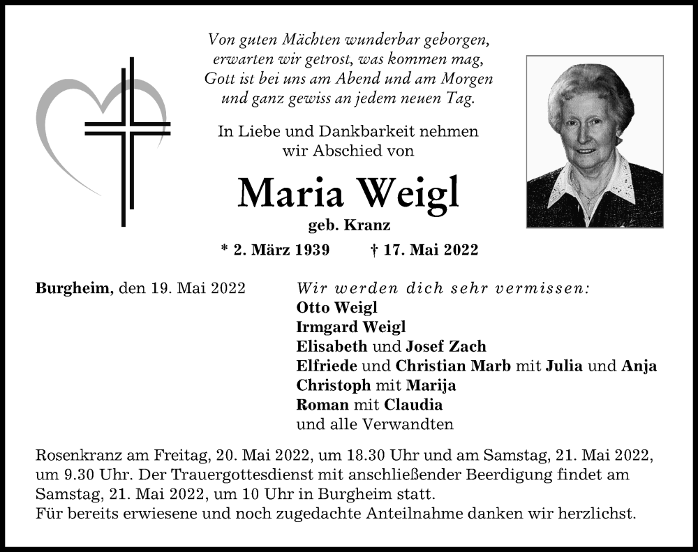  Traueranzeige für Maria Weigl vom 19.05.2022 aus Neuburger Rundschau