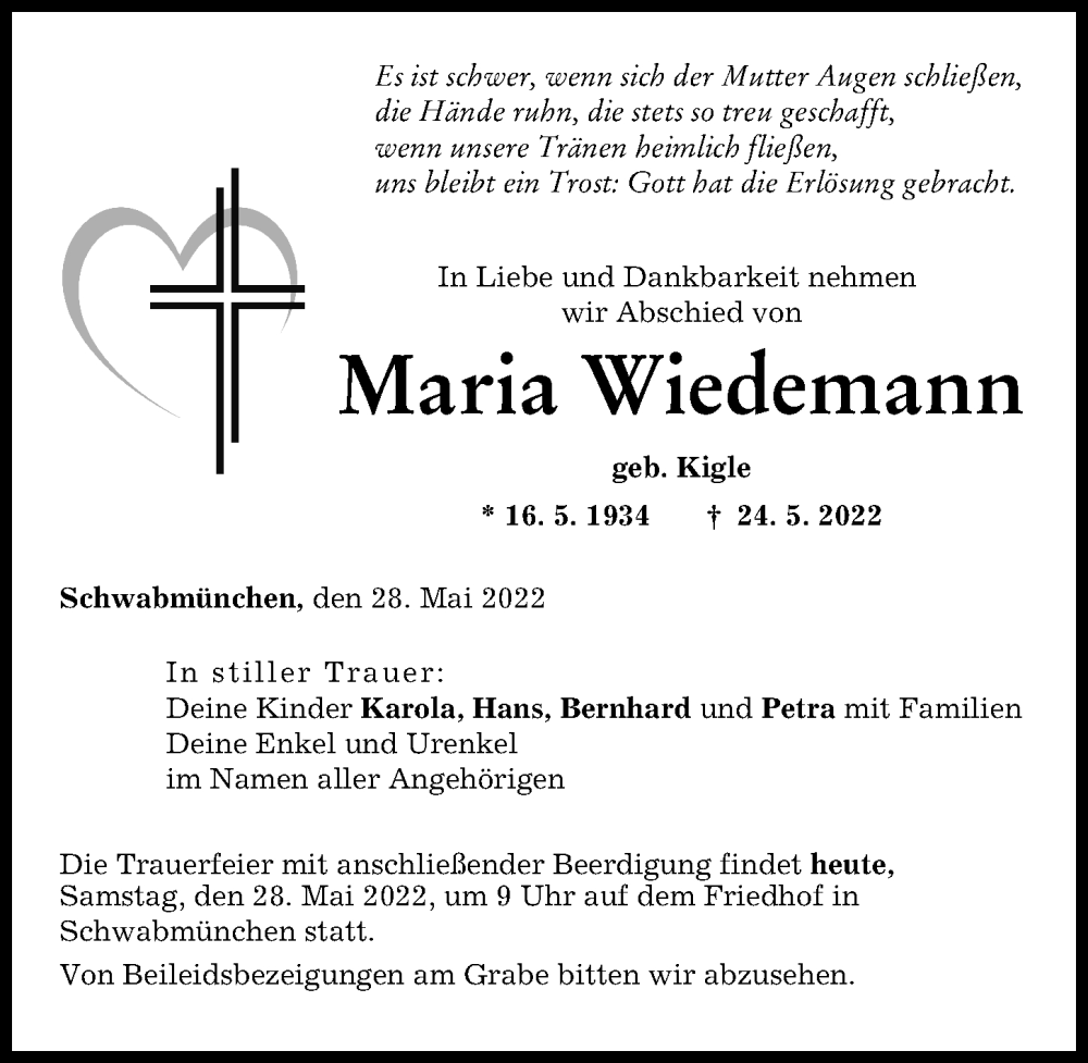 Traueranzeige von Maria Wiedemann von Schwabmünchner Allgemeine