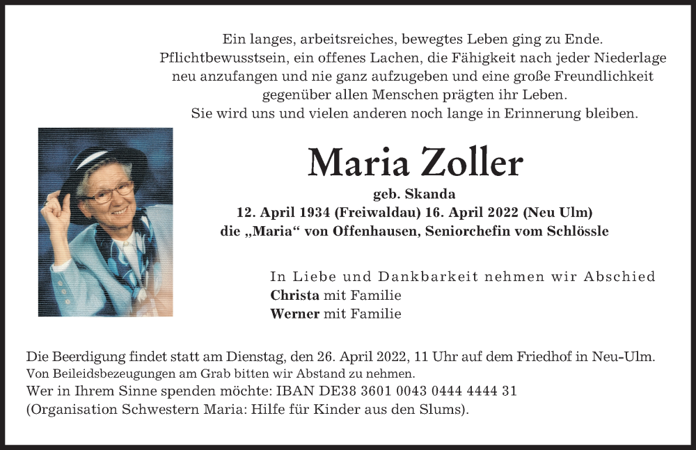 Traueranzeige von Maria Zoller von Neu-Ulmer Zeitung