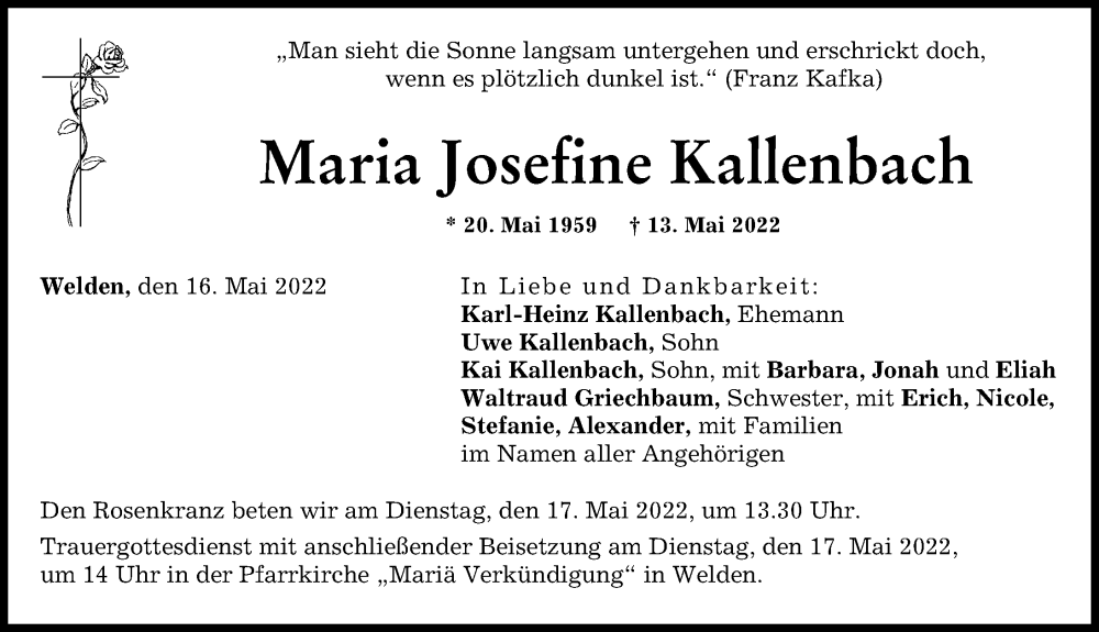  Traueranzeige für Maria Josefine Kallenbach vom 16.05.2022 aus Augsburg-Land