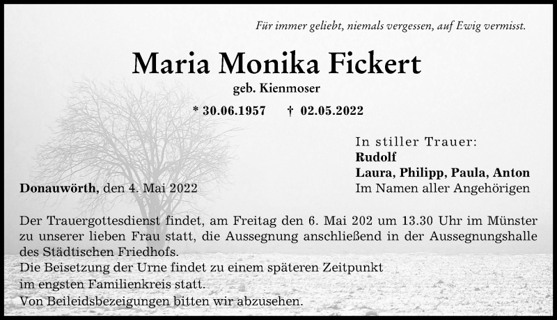  Traueranzeige für Maria Monika Fickert vom 04.05.2022 aus Donauwörther Zeitung, Donau Zeitung