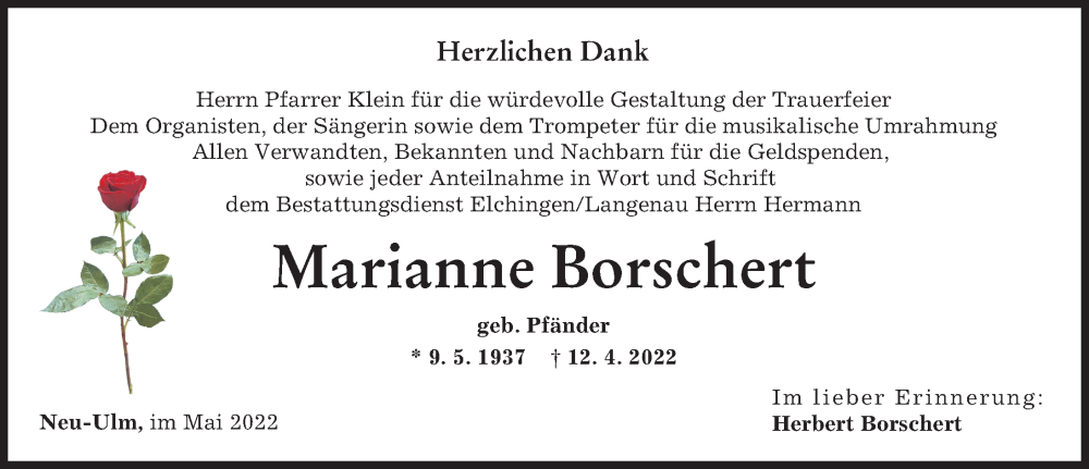 Traueranzeige von Marianne Borschert von Neu-Ulmer Zeitung