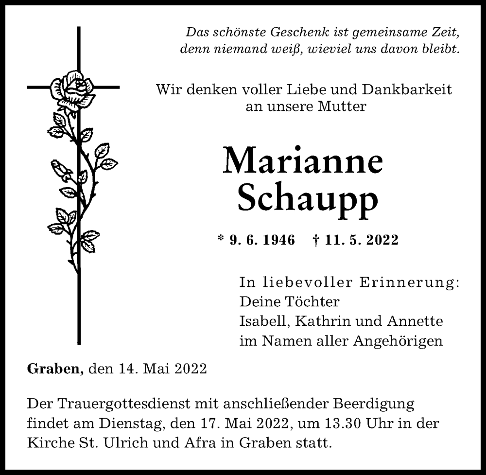 Traueranzeige von Marianne Schaupp von Augsburger Allgemeine