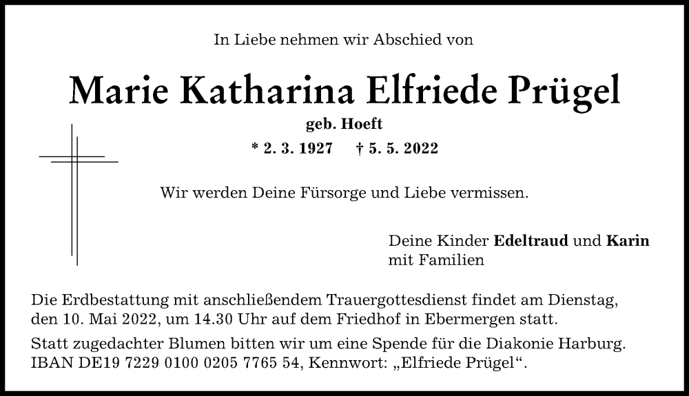 Traueranzeige von Marie Katharina Elfriede Prügel von Donauwörther Zeitung